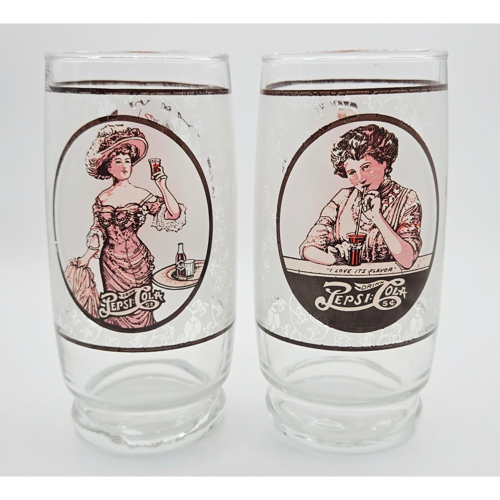 Vintage Pepsi-Cola Gibson Girl Glasses Set of 2 Brown White Frosted Tumblers 6"
